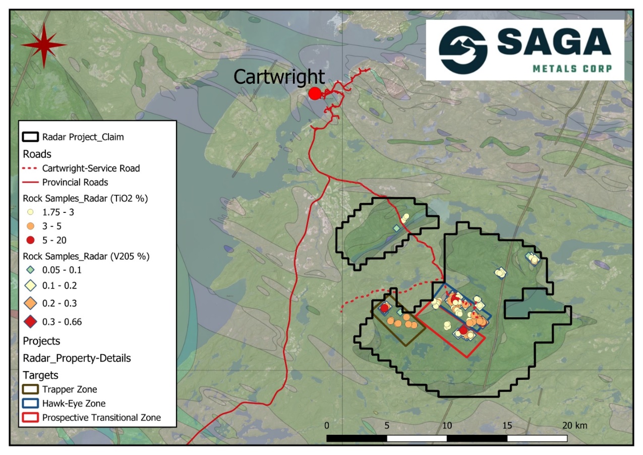 Regional map of the Radar Ti-V project highlighting the Hawkeye, Trapper and third transitional zone and the projects proximity to the town of Cartwright, Labrador